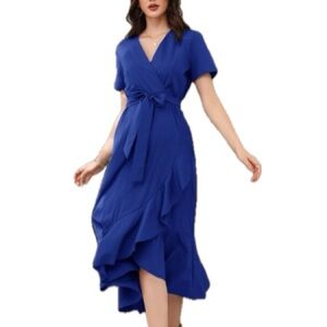 NWOT Royal Blue SHEIN Short Sleeved Asymmetric Dress w Ruffle Tulip Hem & Belt